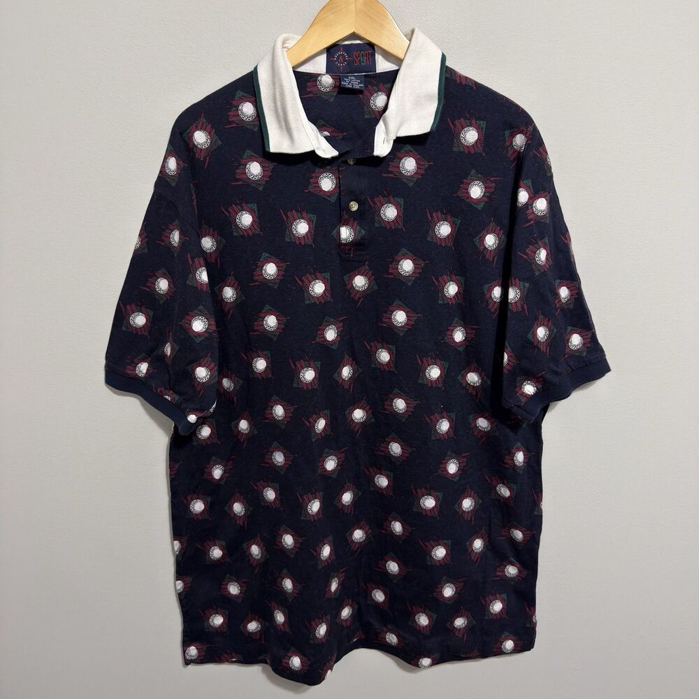 Vintage Polo Shirt Men's 2XL Navy Blue All Over Print Short Sleeve Golf Preppy